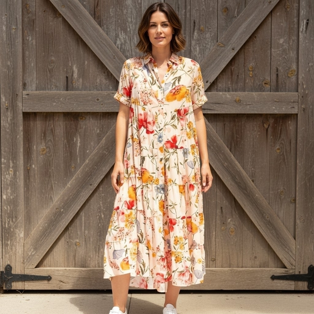 Zara Floral Tiered Dress With Red And Butter Yellow Poppies
